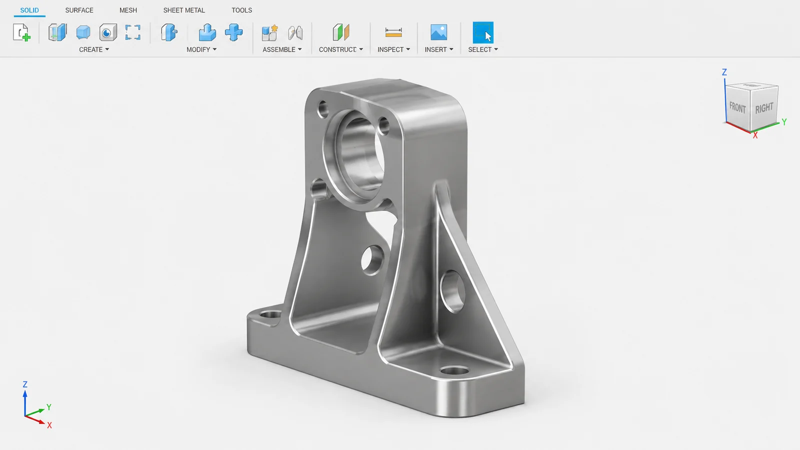 Machined bracket shown as a 3D CAD model